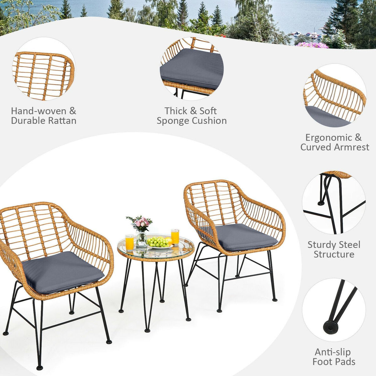 Ensemble de meubles en rotin 3 pièces avec chaise et table rembourrées, Gris