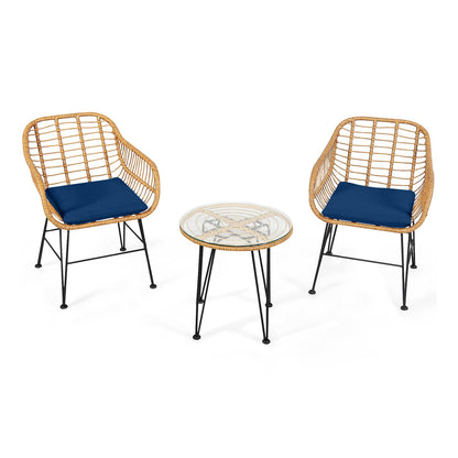 Ensemble de meubles en rotin 3 pièces, chaise avec coussin et table, bleu marine