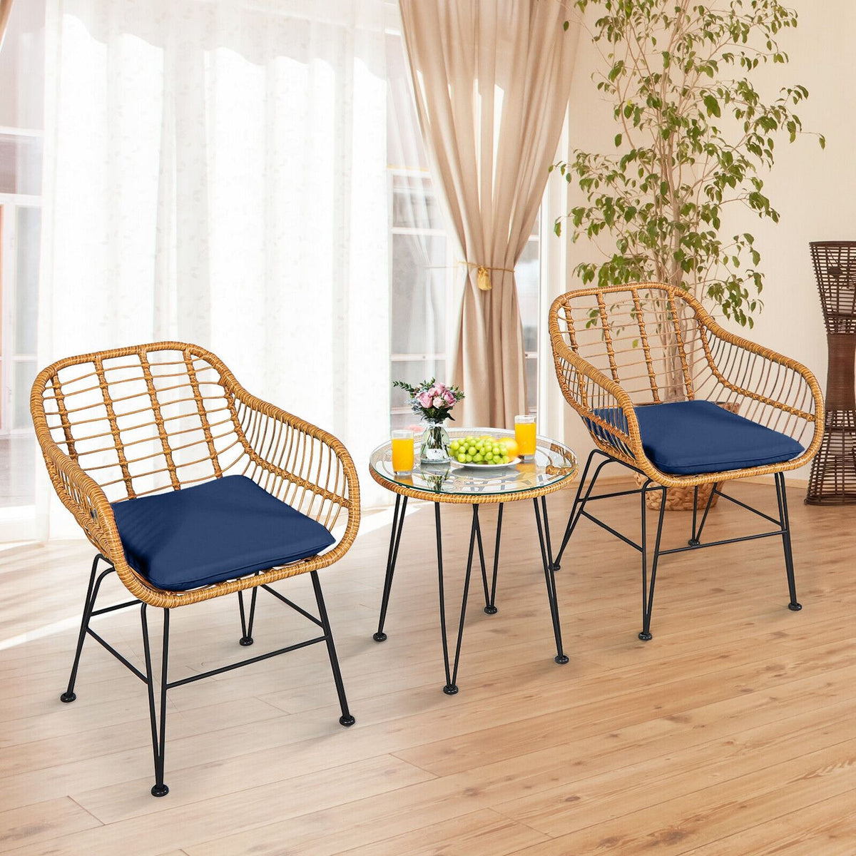 Ensemble de meubles en rotin 3 pièces, chaise avec coussin et table, bleu marine