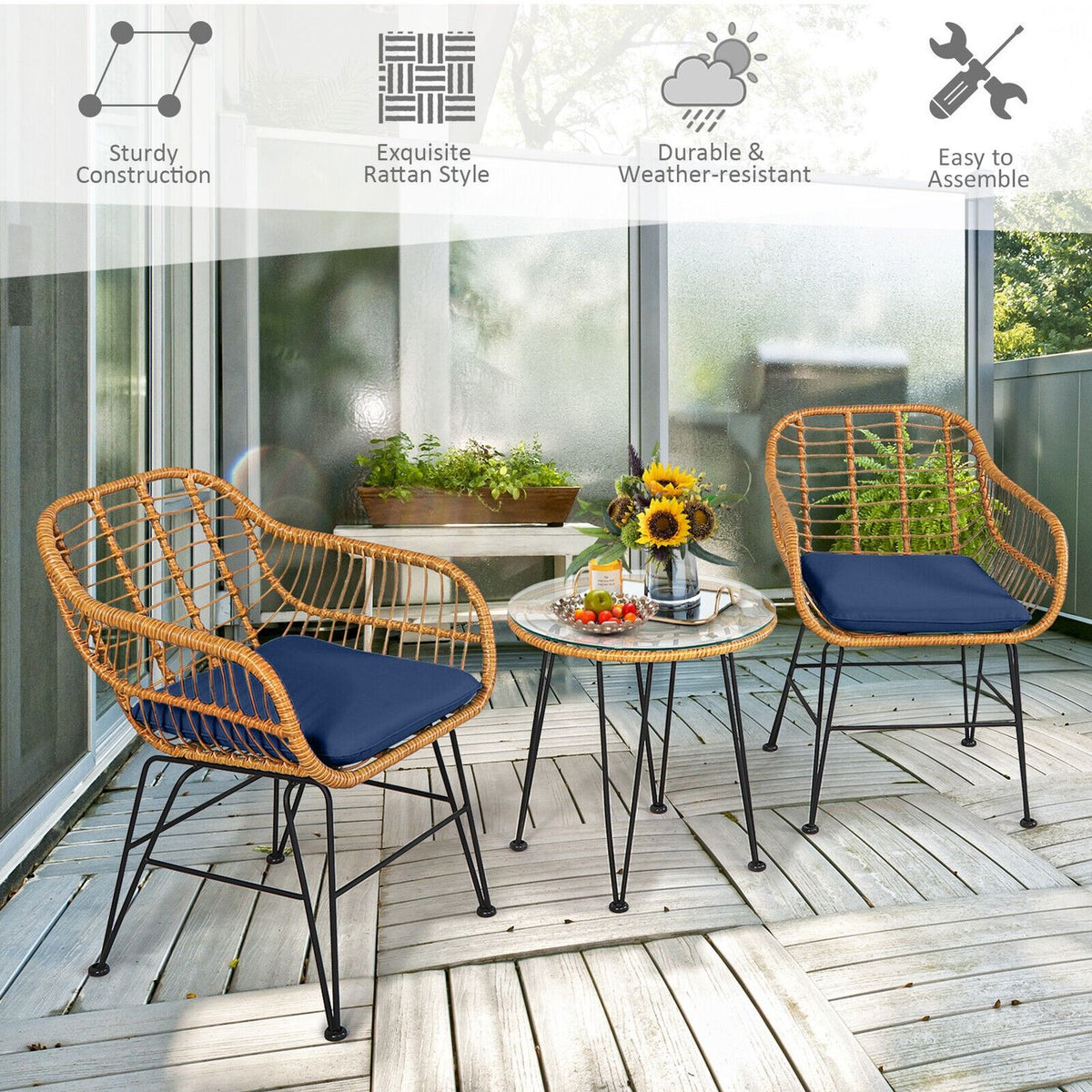 Ensemble de meubles en rotin 3 pièces, chaise avec coussin et table, bleu marine