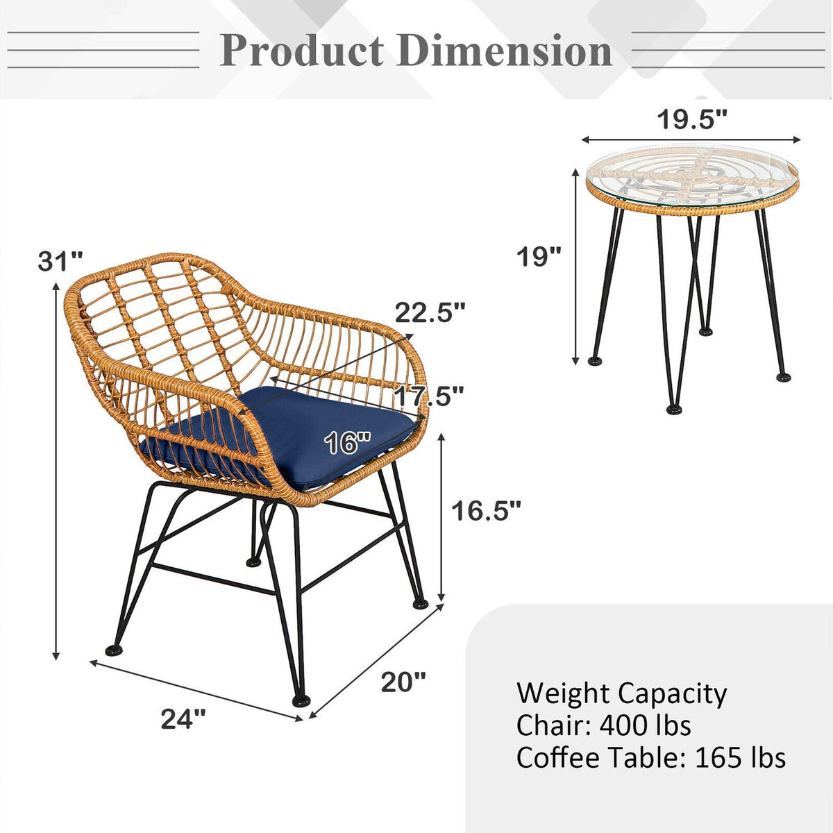Ensemble de meubles en rotin 3 pièces, chaise avec coussin et table, bleu marine