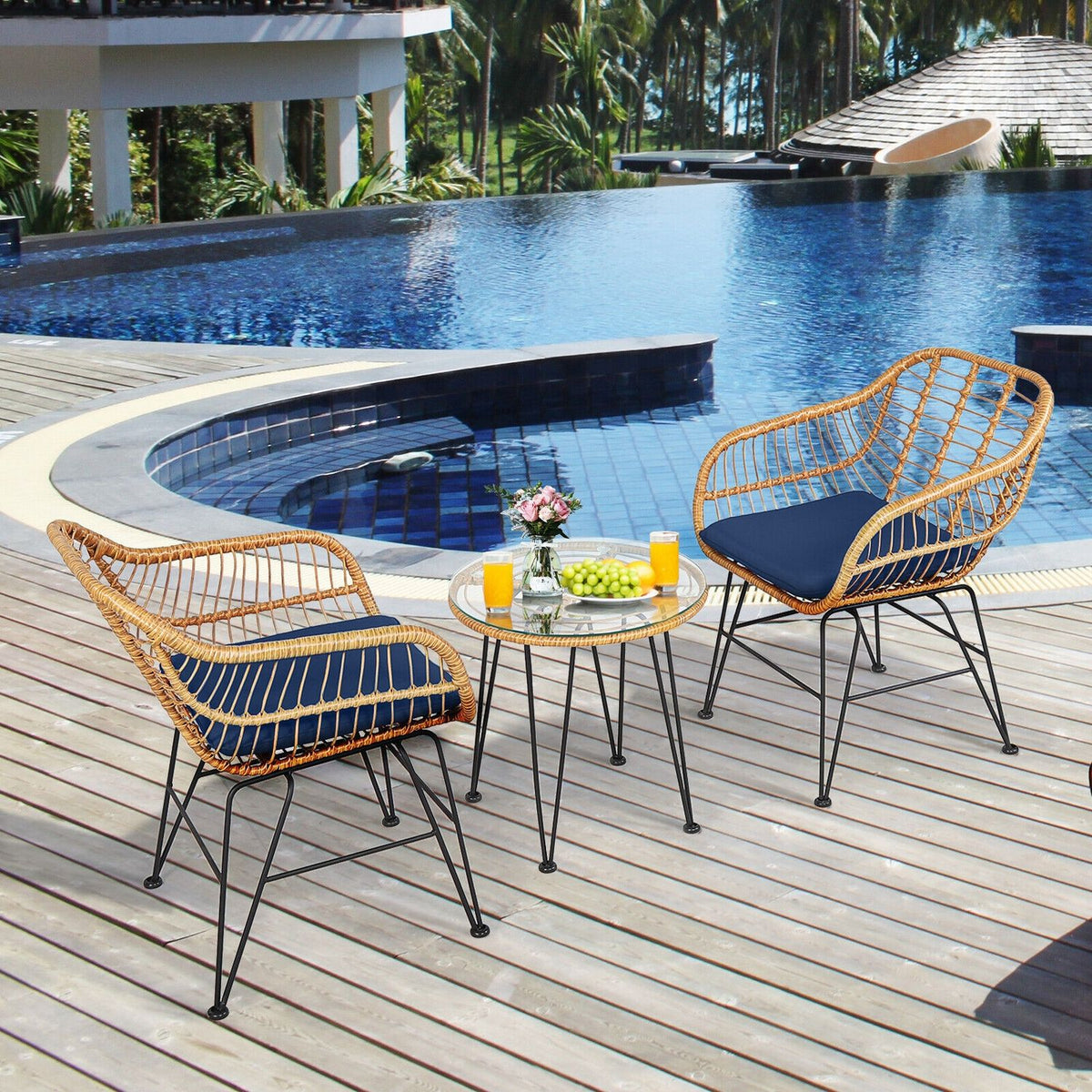 Ensemble de meubles en rotin 3 pièces, chaise avec coussin et table, bleu marine