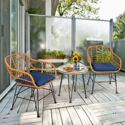 Ensemble de meubles en rotin 3 pièces, chaise avec coussin et table, bleu marine
