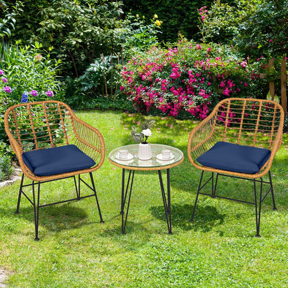 Ensemble de meubles en rotin 3 pièces, chaise avec coussin et table, bleu marine