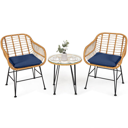 Ensemble de meubles en rotin 3 pièces, chaise avec coussin et table, bleu marine