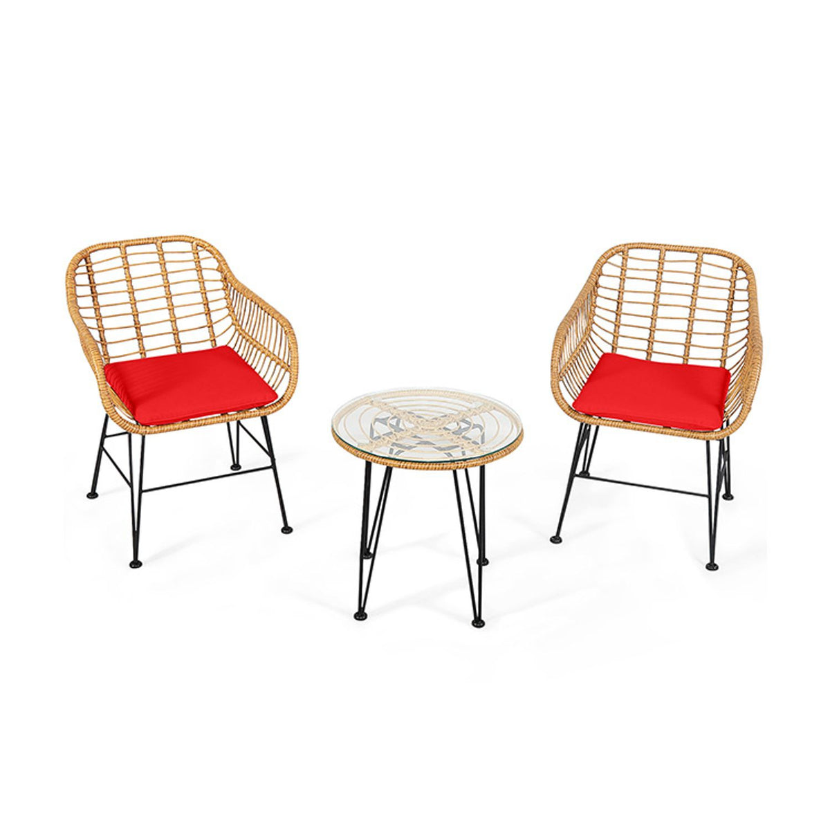 Ensemble de mobilier en rotin 3 pièces, chaise et table avec coussins, rouge