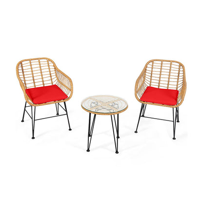 Ensemble de mobilier en rotin 3 pièces, chaise et table avec coussins, rouge
