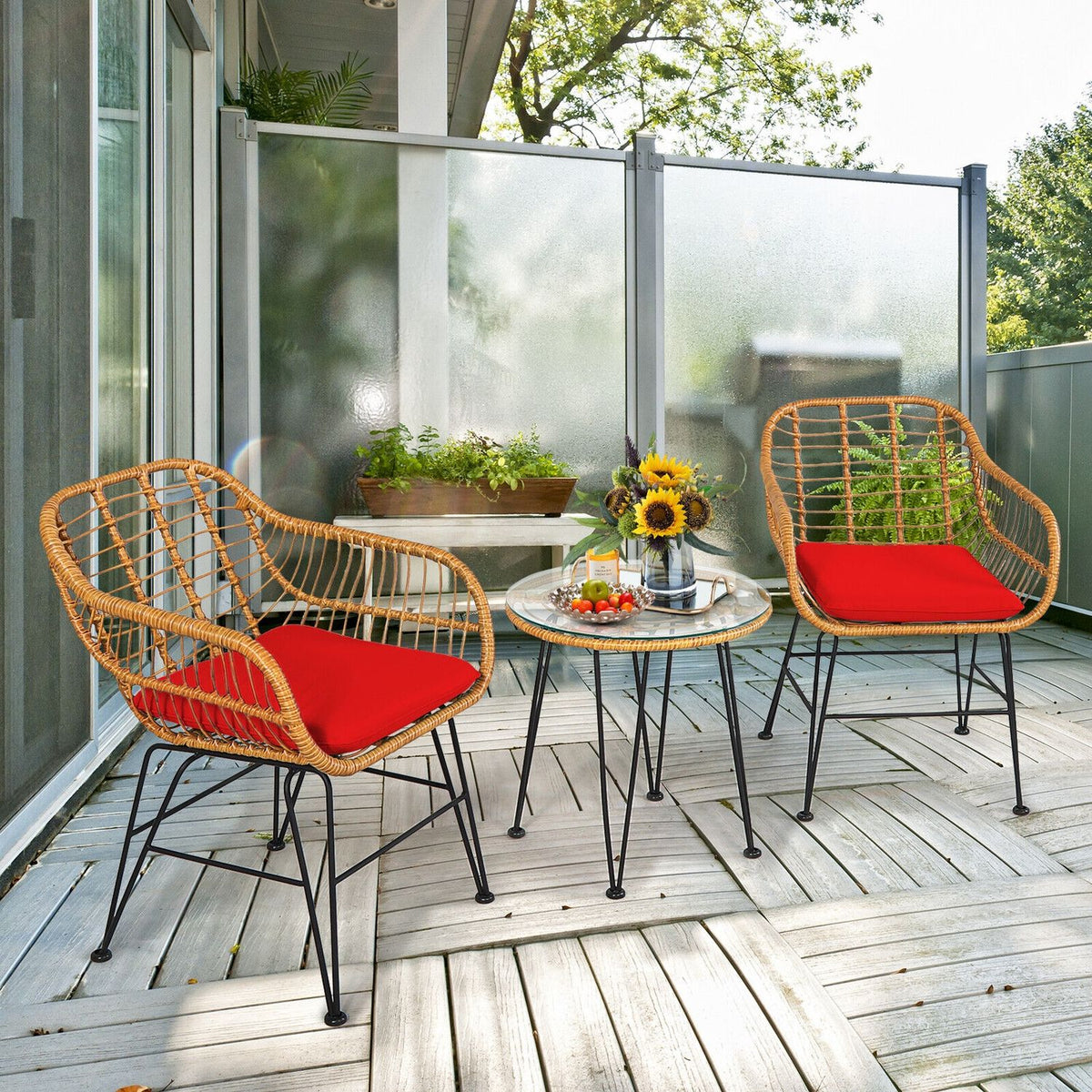 Ensemble de mobilier en rotin 3 pièces, chaise et table avec coussins, rouge