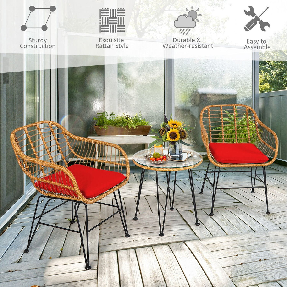 Ensemble de mobilier en rotin 3 pièces, chaise et table avec coussins, rouge
