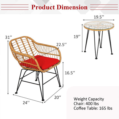 Ensemble de mobilier en rotin 3 pièces, chaise et table avec coussins, rouge