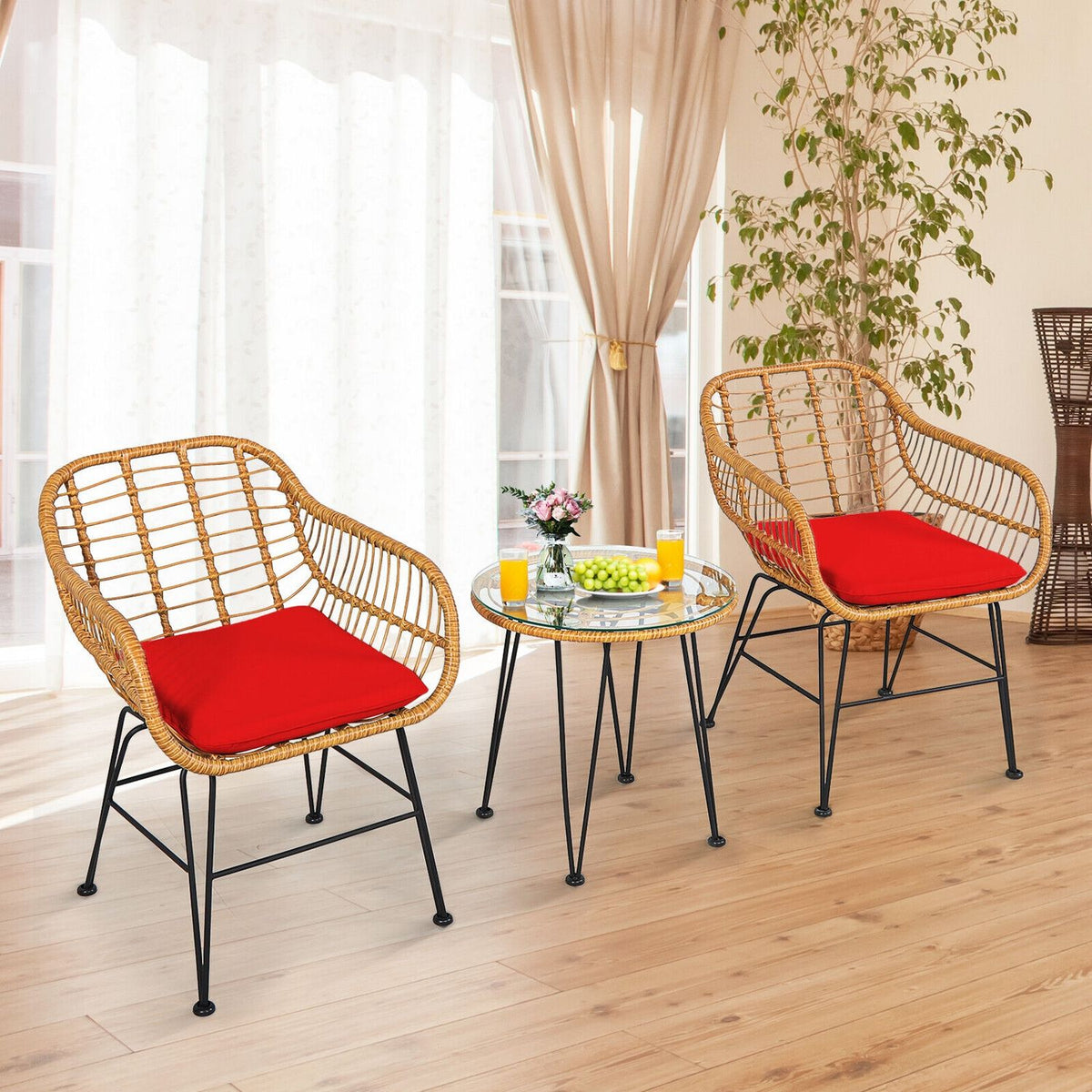 Ensemble de mobilier en rotin 3 pièces, chaise et table avec coussins, rouge