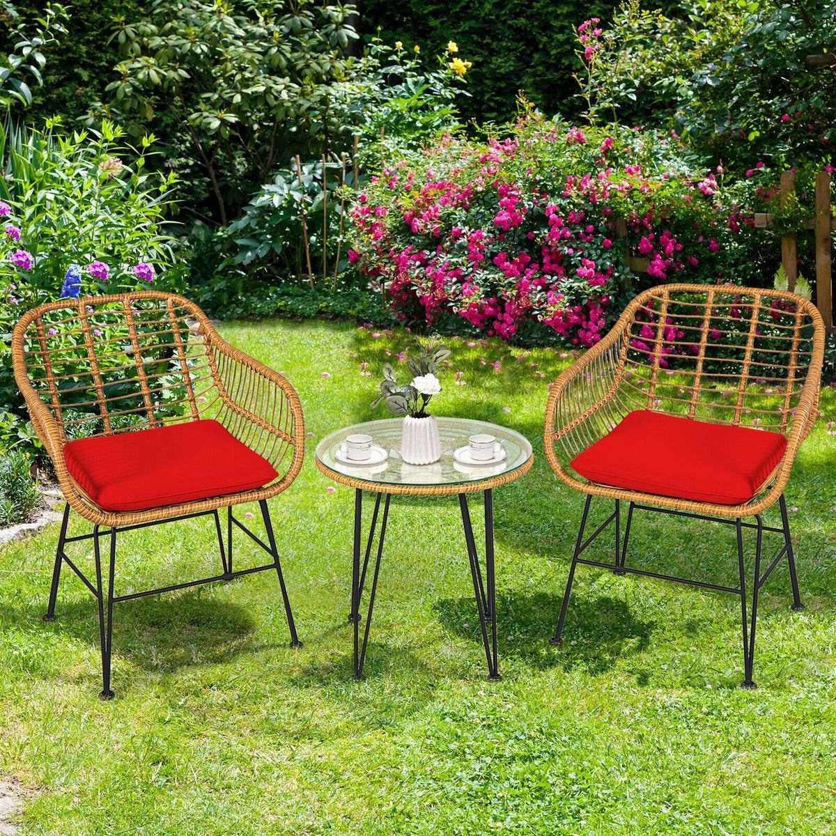 Ensemble de mobilier en rotin 3 pièces, chaise et table avec coussins, rouge