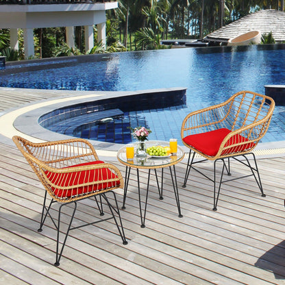 Ensemble de mobilier en rotin 3 pièces, chaise et table avec coussins, rouge