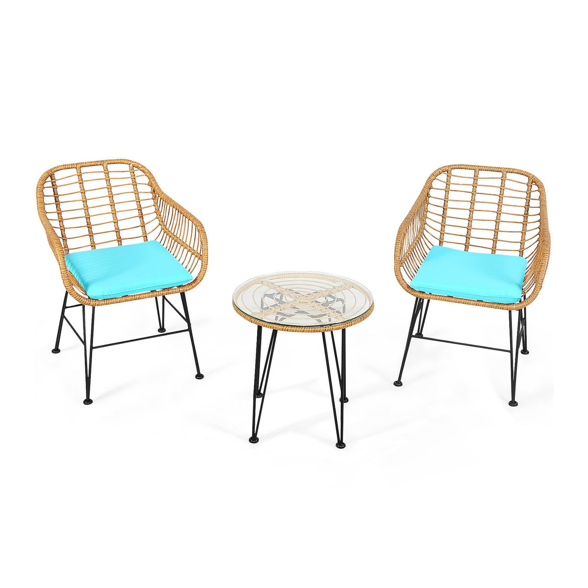 Ensemble de meubles en rotin 3 pièces, chaise et table avec coussins, turquoise