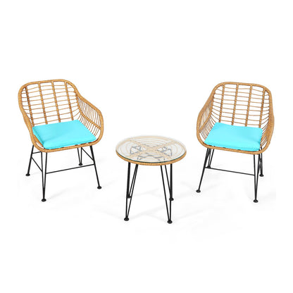 Ensemble de meubles en rotin 3 pièces, chaise et table avec coussins, turquoise