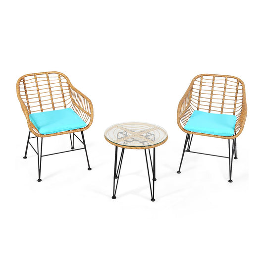 3 Piece Rattan Furniture Set, Cushioned Chair Table, Turquoise Patio Conversation Sets Turquoise at Gallery Canada