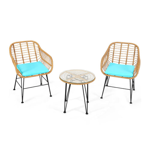 3 Piece Rattan Furniture Set, Cushioned Chair Table, Turquoise