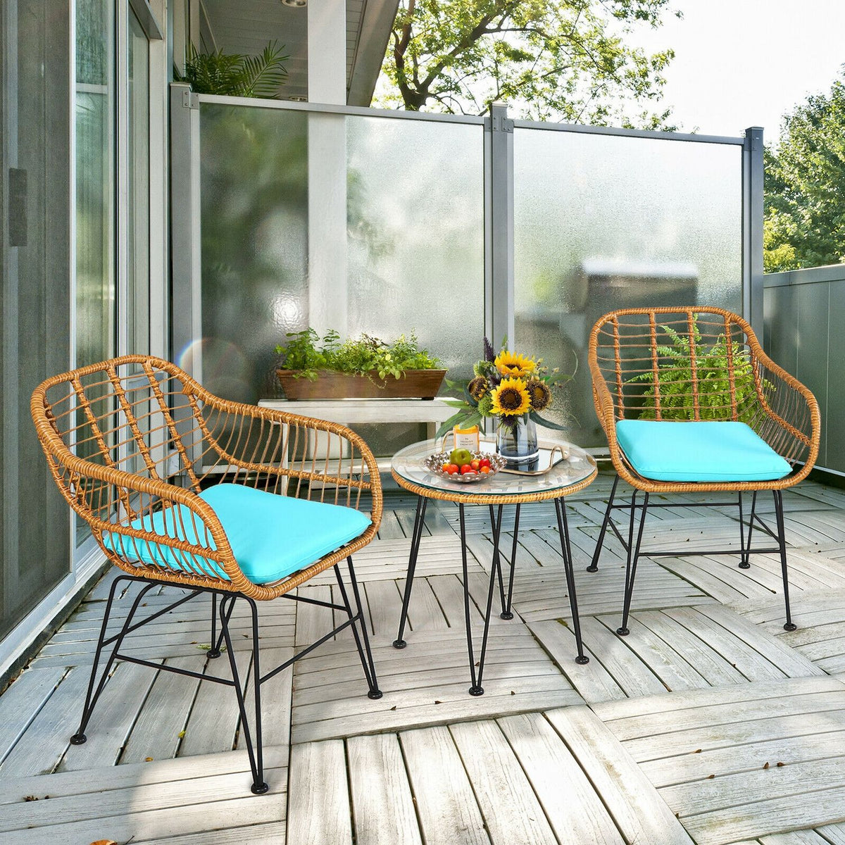 Ensemble de meubles en rotin 3 pièces, chaise et table avec coussins, turquoise