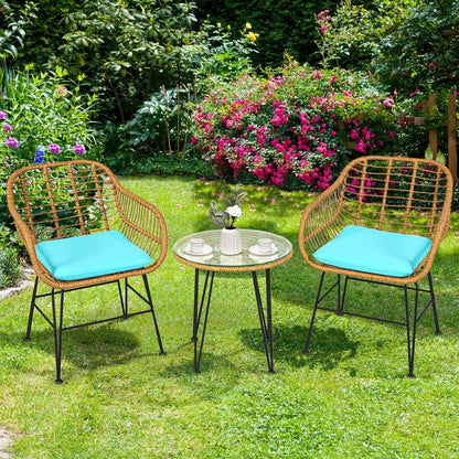 Ensemble de meubles en rotin 3 pièces, chaise et table avec coussins, turquoise