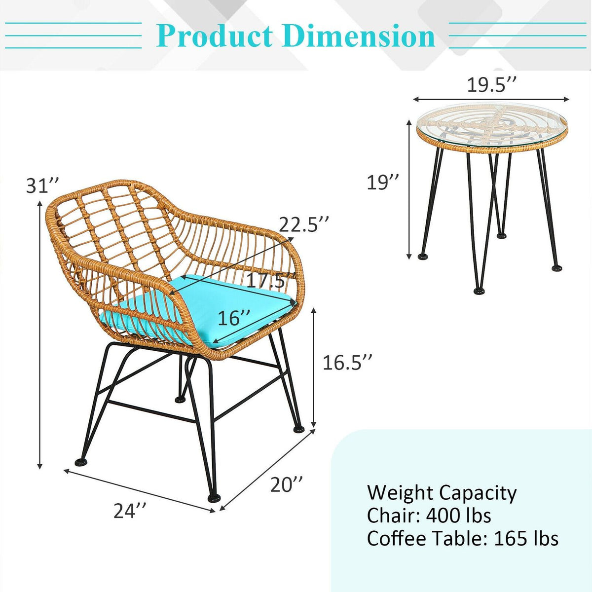 Ensemble de meubles en rotin 3 pièces, chaise et table avec coussins, turquoise