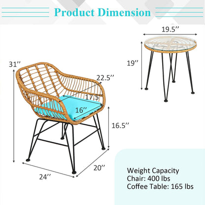 Ensemble de meubles en rotin 3 pièces, chaise et table avec coussins, turquoise