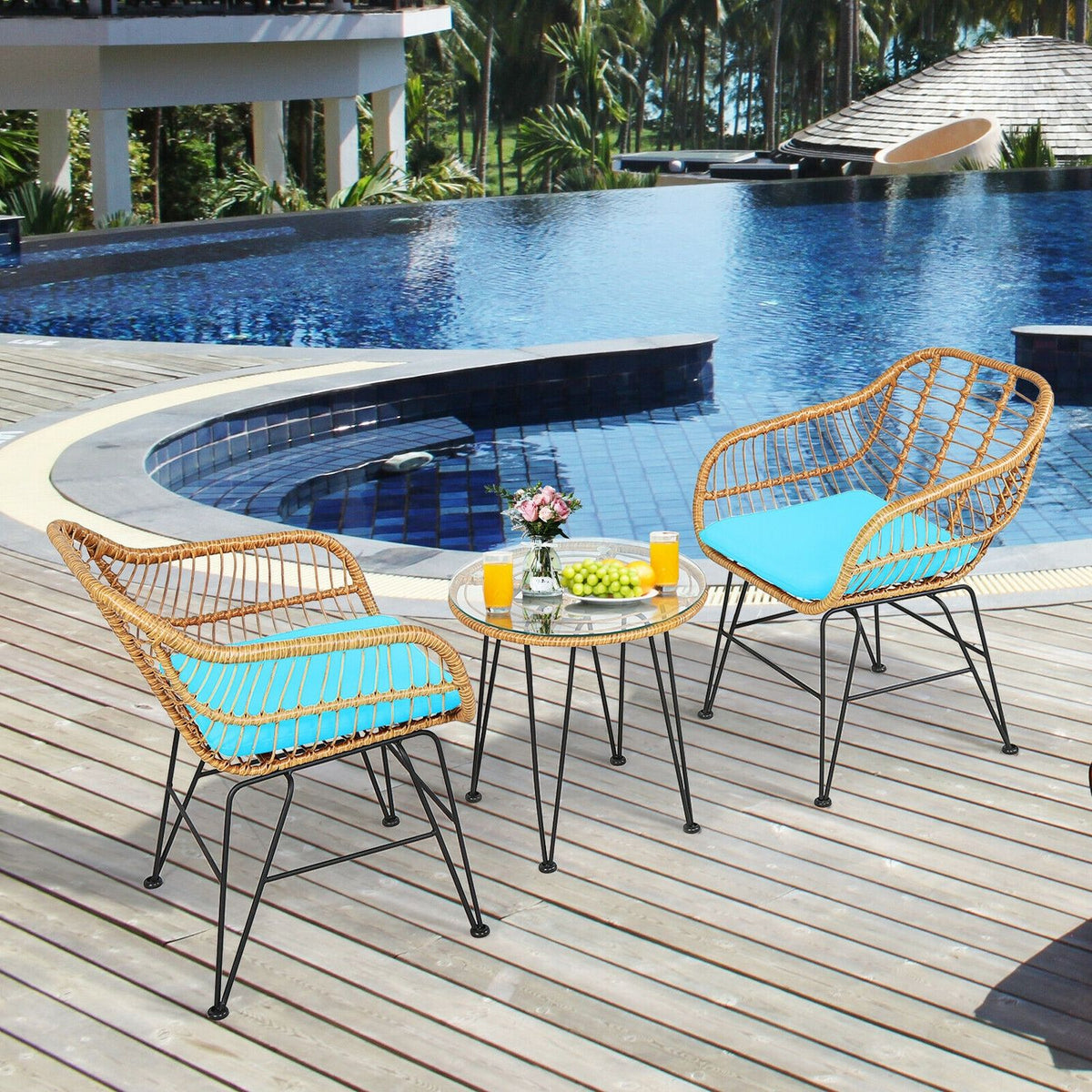 Ensemble de meubles en rotin 3 pièces, chaise et table avec coussins, turquoise