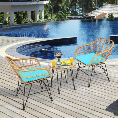 Ensemble de meubles en rotin 3 pièces, chaise et table avec coussins, turquoise