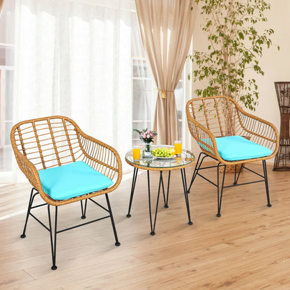 Ensemble de meubles en rotin 3 pièces, chaise et table avec coussins, turquoise
