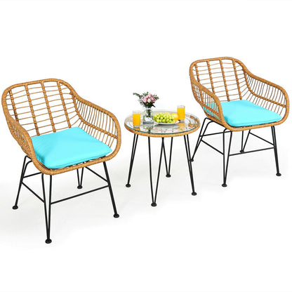 Ensemble de meubles en rotin 3 pièces, chaise et table avec coussins, turquoise