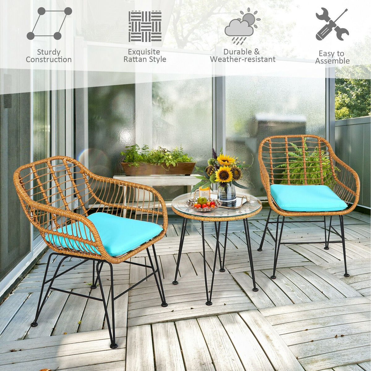 Ensemble de meubles en rotin 3 pièces, chaise et table avec coussins, turquoise