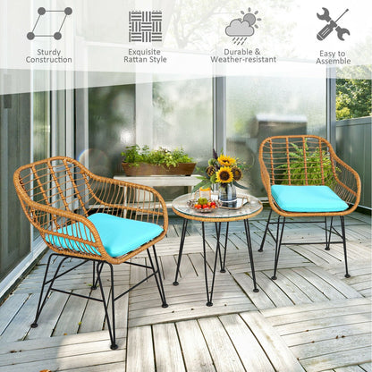 Ensemble de meubles en rotin 3 pièces, chaise et table avec coussins, turquoise