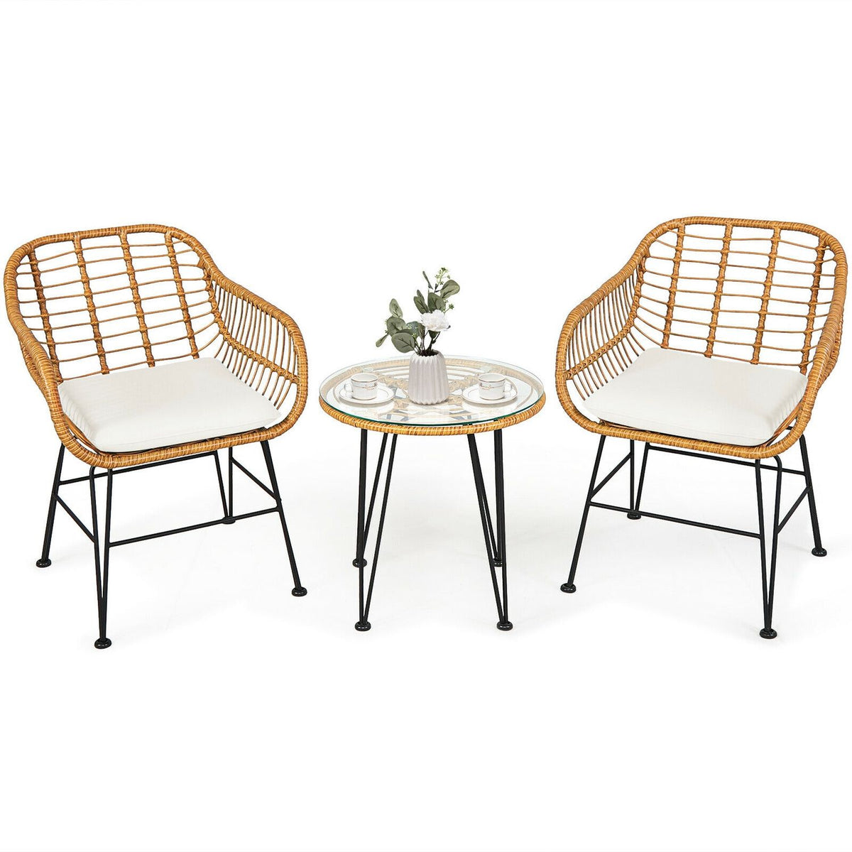 Ensemble de meubles en rotin 3 pièces, chaise avec coussin, table, blanc