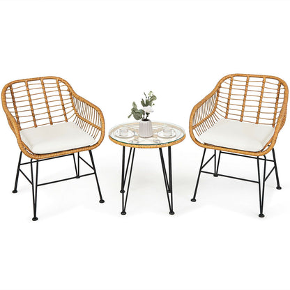 Ensemble de meubles en rotin 3 pièces, chaise avec coussin, table, blanc