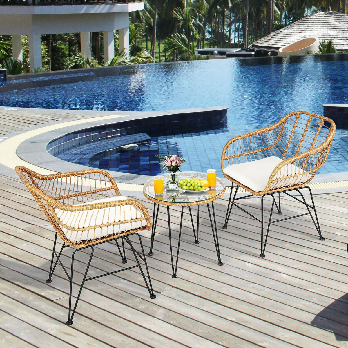 Ensemble de meubles en rotin 3 pièces, chaise avec coussin, table, blanc