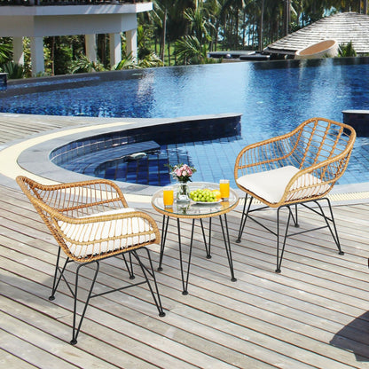 Ensemble de meubles en rotin 3 pièces, chaise avec coussin, table, blanc