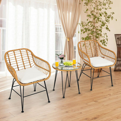 Ensemble de meubles en rotin 3 pièces, chaise avec coussin, table, blanc