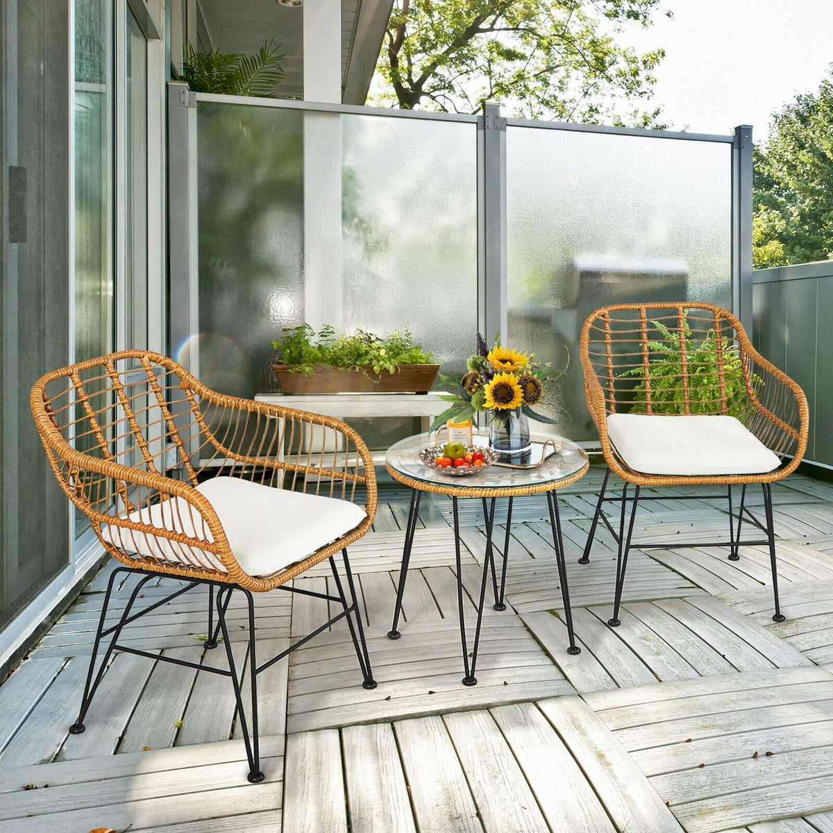 Ensemble de meubles en rotin 3 pièces, chaise avec coussin, table, blanc