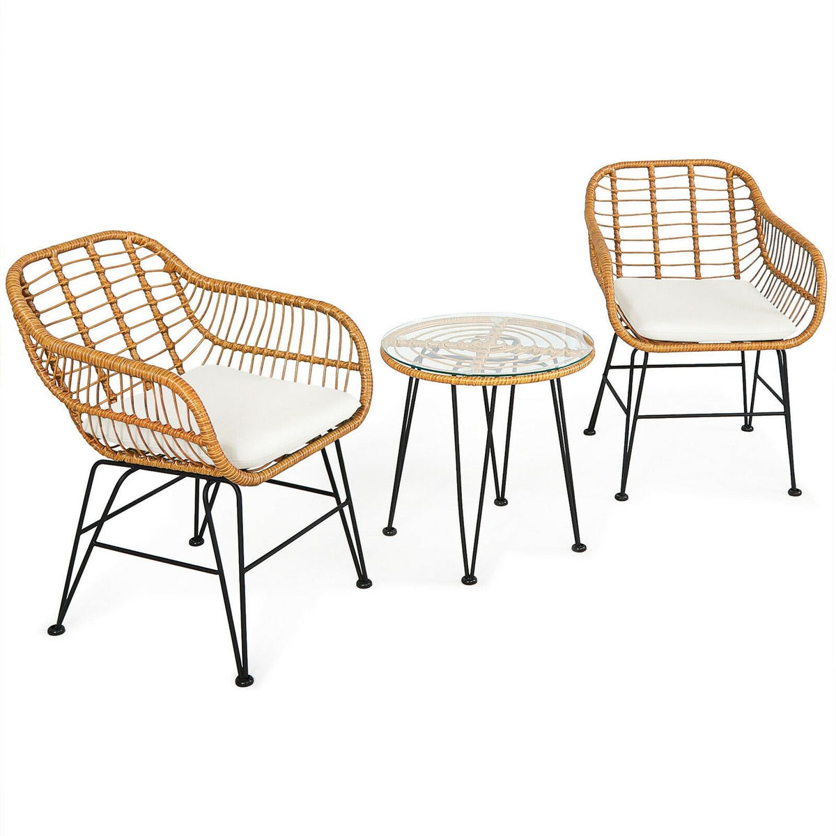 Ensemble de meubles en rotin 3 pièces, chaise avec coussin, table, blanc