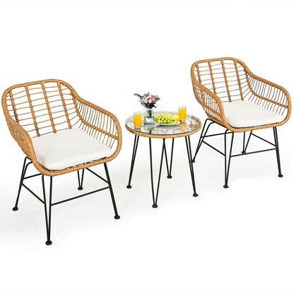 Ensemble de meubles en rotin 3 pièces, chaise avec coussin, table, blanc