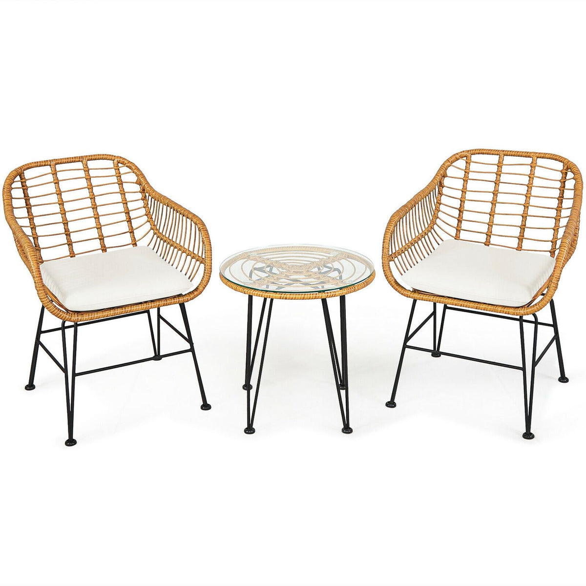 Ensemble de meubles en rotin 3 pièces, chaise avec coussin, table, blanc