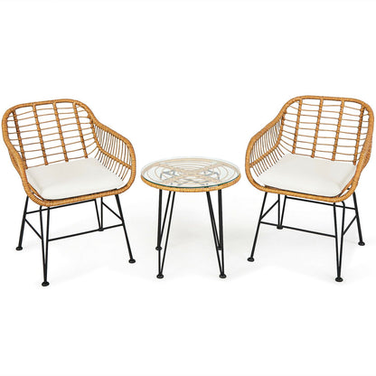 Ensemble de meubles en rotin 3 pièces, chaise avec coussin, table, blanc
