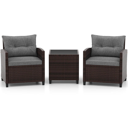 Ensemble de mobilier de patio en rotin 3 pièces, coussin lavable, gris
