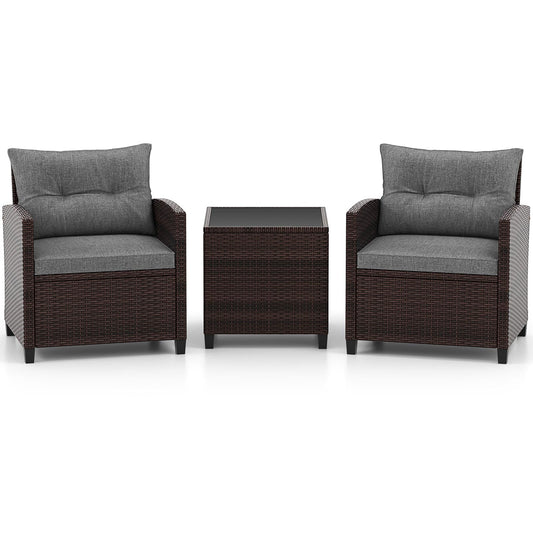 3 Piece Rattan Patio Furniture Set, Washable Cushion, Gray