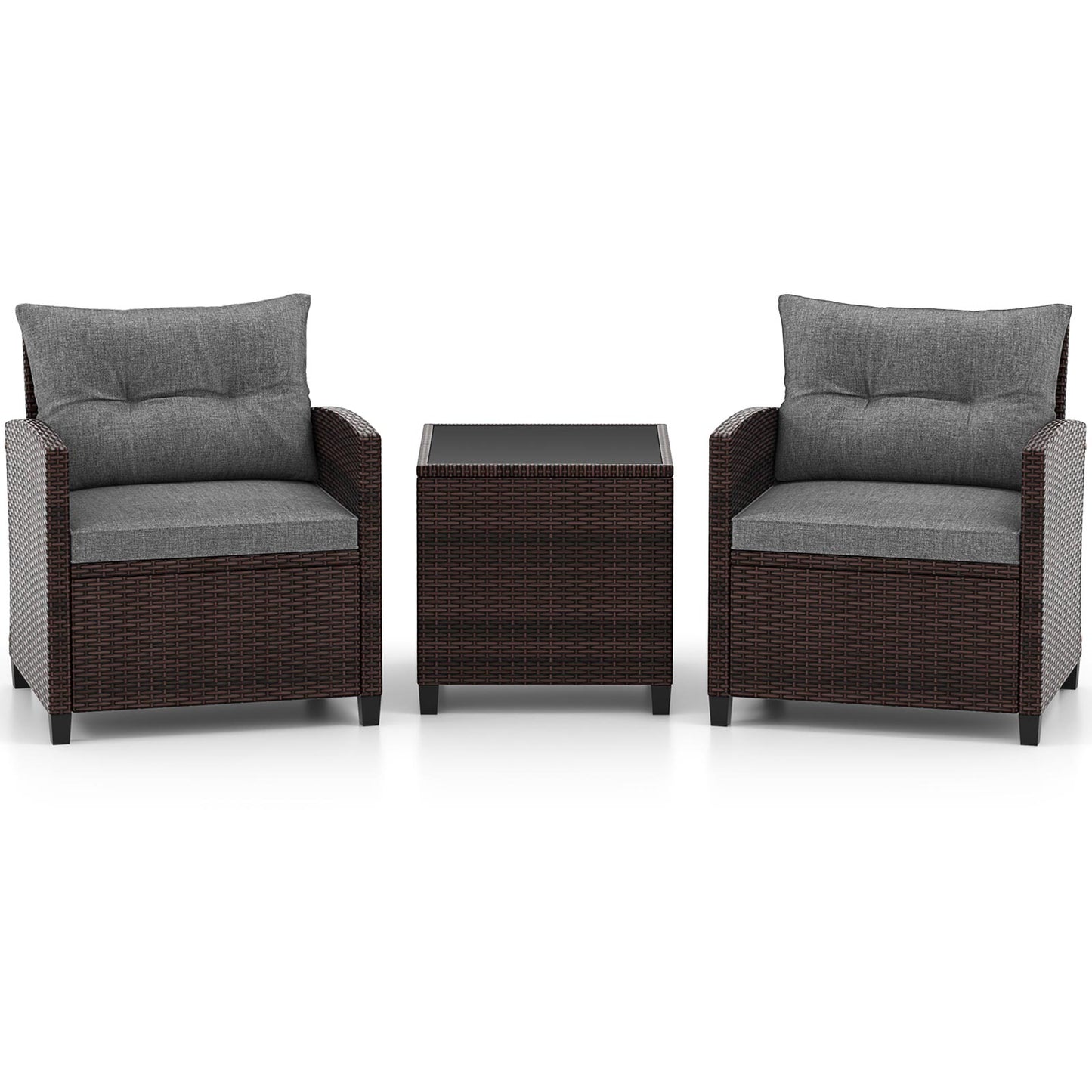 Ensemble de mobilier de patio en rotin 3 pièces, coussin lavable, gris