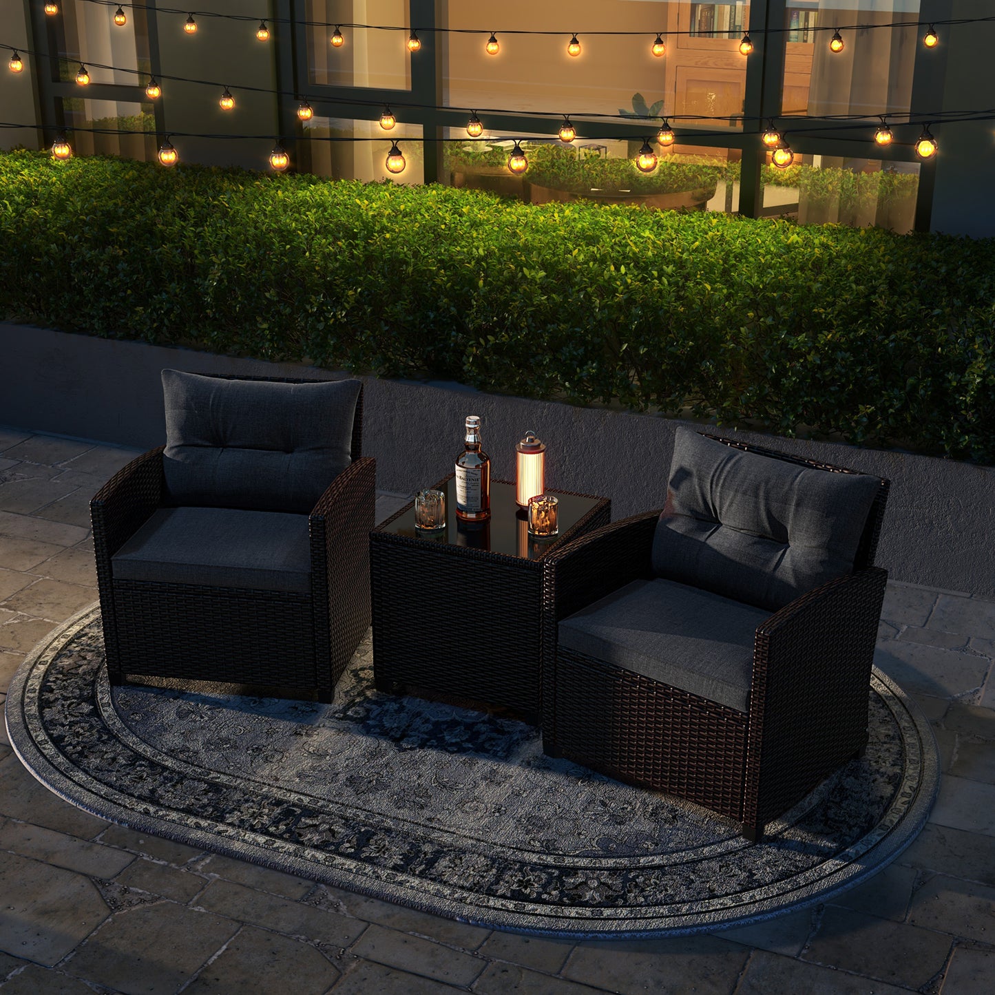 Ensemble de mobilier de patio en rotin 3 pièces, coussin lavable, gris