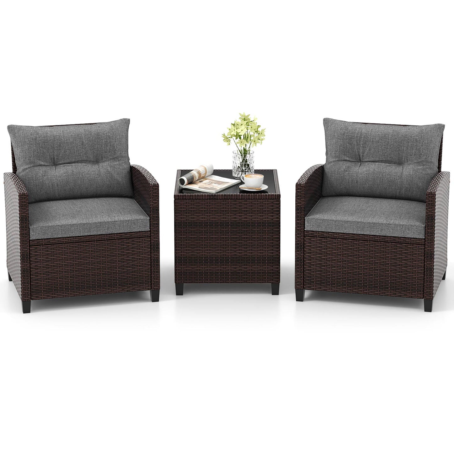 Ensemble de mobilier de patio en rotin 3 pièces, coussin lavable, gris