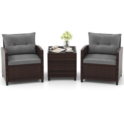 Ensemble de mobilier de patio en rotin 3 pièces, coussin lavable, gris