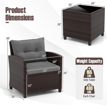 Ensemble de mobilier de patio en rotin 3 pièces, coussin lavable, gris