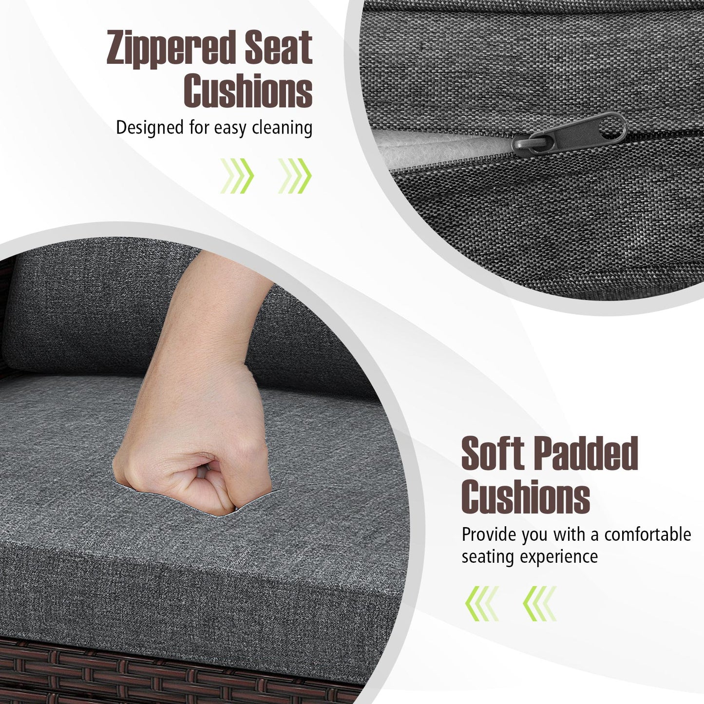 Ensemble de mobilier de patio en rotin 3 pièces, coussin lavable, gris