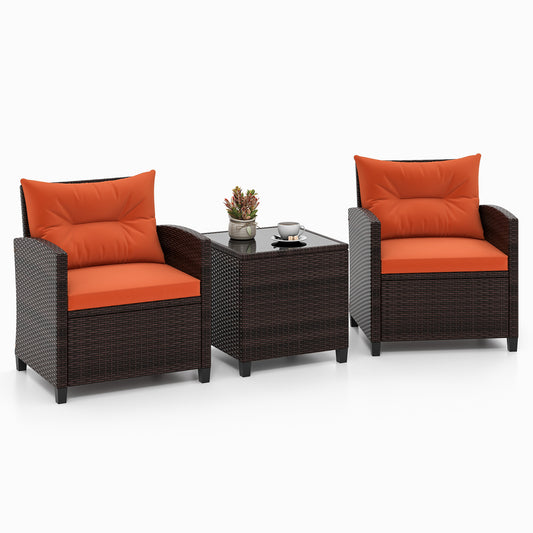3 Piece Rattan Patio Furniture Set, Washable Cushion, Orange